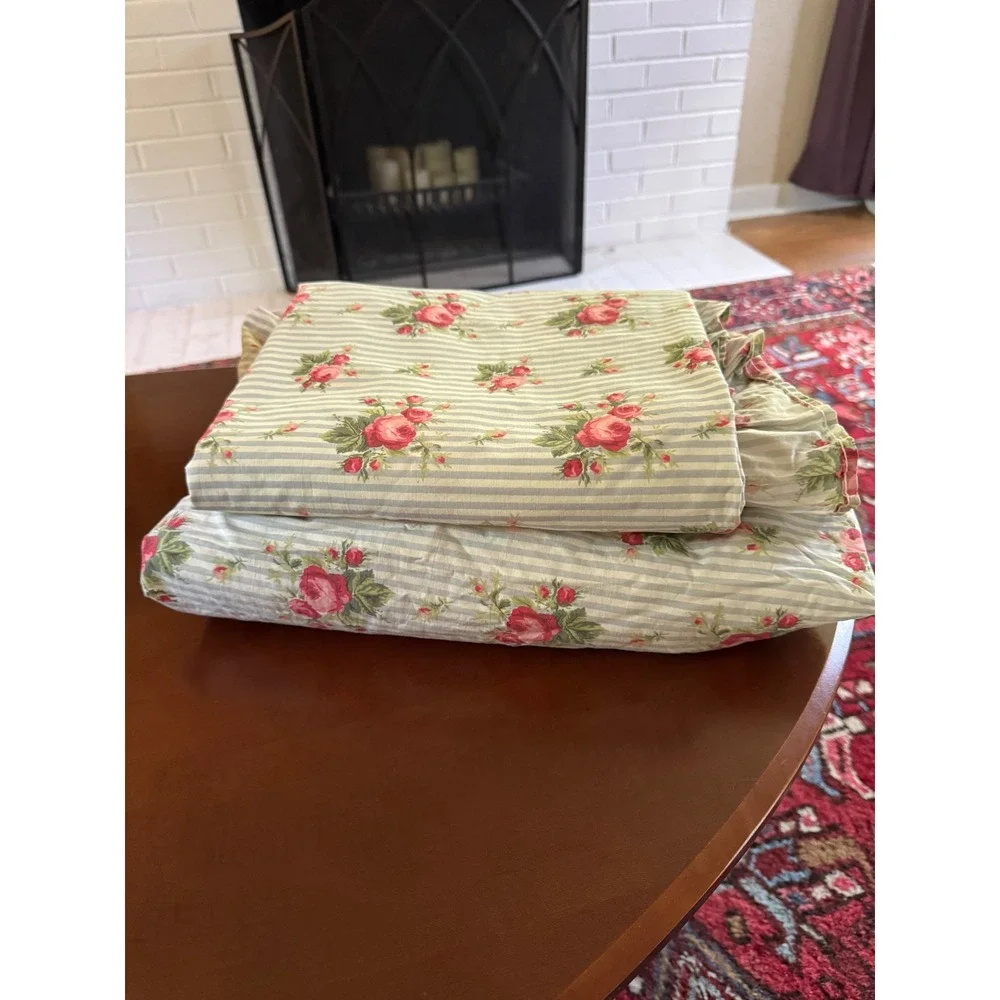 Vintage Ralph Lauren Emma Twin Sheet Set Blue Stripe Rose Floral Cottagecore USA